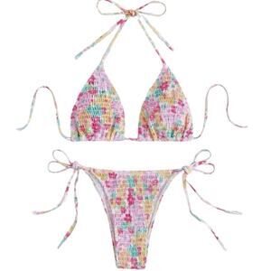 New COZYEASE Women's 2 Piece Floral Bikini Smocked Drawstring Triangle, Small